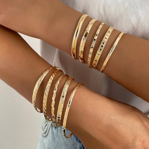 Gold Plated Stackable Bangle Bracelets Set Minimalist Boho Textured Adjustable - Picture 4 of 8